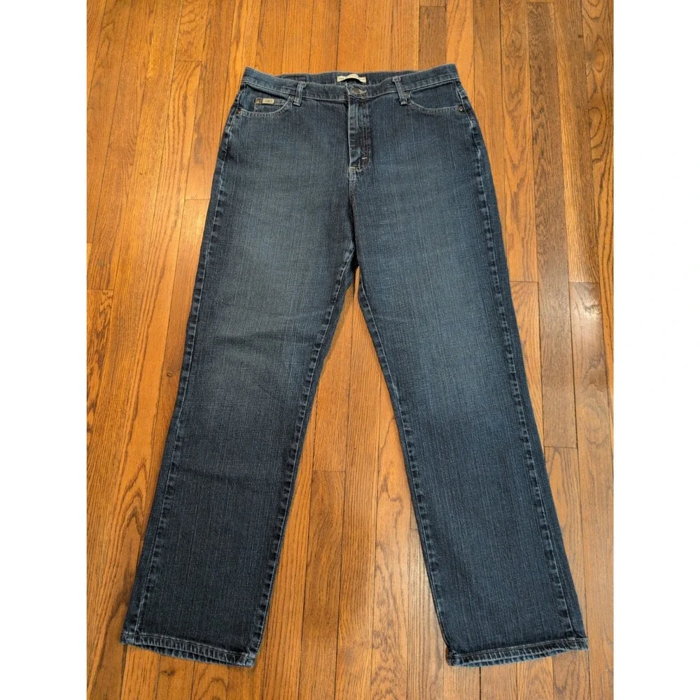 Lee Relaxed Straight Leg Jeans Dark Wash High Rise Stretch Denim 14 LONG